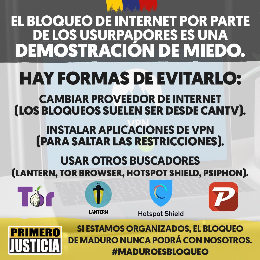 Pr1meroJusticia's tweet photo. Ayúdanos a difundir ❗️❗️❗️❗️

A la dictadura tenemos que ganarle la batalla comunicacional. No solo se han dedicado a cerrar medios de comunicación sino también a quitarnos el acceso a internet. Acá te decimos cómo evitar esa censura

#MaduroEsBloqueo https://t.co/zfrTrKwrlr