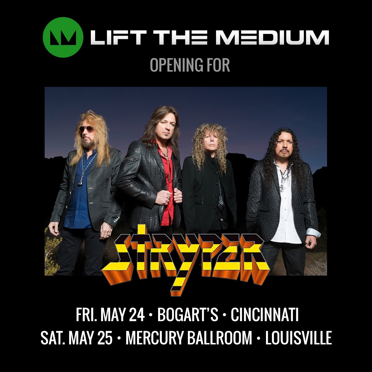 liftthemedium's tweet photo. We're thrilled to #Lift #Cincinnati at @BogartsShows Friday and #Louisville Saturday at @MercuryBallroom with @Stryper! See you soon #LiftFam!
Tickets → https://t.co/RO0cBxHHU2
#LiftTheMedium #Concert #LiveMusic #MusicScene #RockAndRoll #Music #HardRock #RockAndRoll #Events https://t.co/A0GQLRpuzm