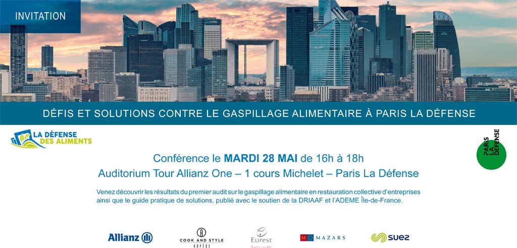 5 audits, 10 solutions, 20 partenaires… Les résultats de la 1ère expérimentation collective #AntiGaspi à <a href="/ParisLaDefense/">Paris La Défense</a> sont là !  🍽
📅 RDV le 28/05 à l'auditorium d'<a href="/allianzfrance/">Allianz France</a> pour les découvrir ! 
➡Inscriptions sur bit.ly/2K4FpZU
#GaspillageAlimentaire