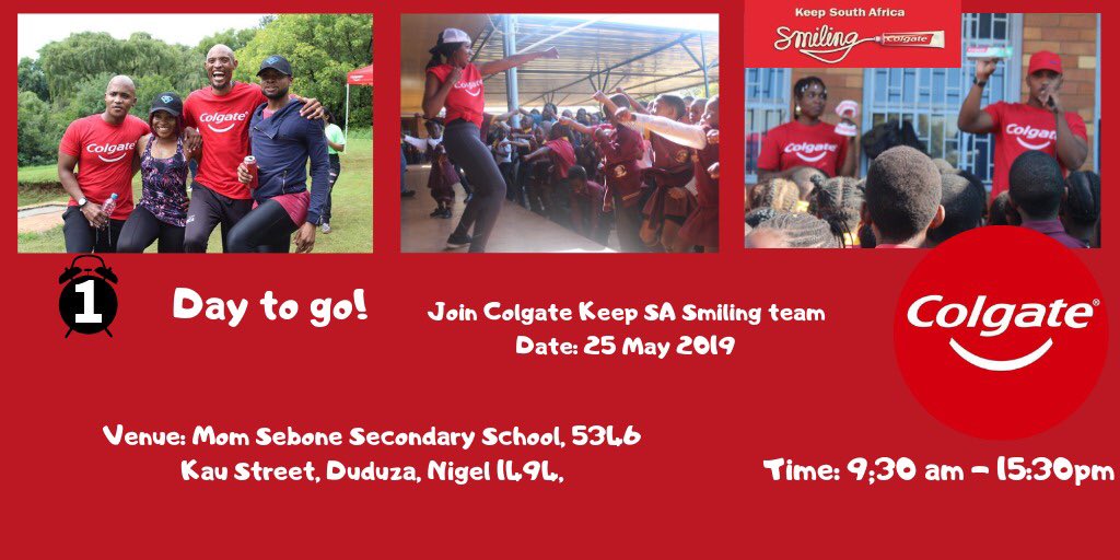 Roadvertiseads's tweet photo. 1 day to go! Join Colgate Keep SA Smiling team.
Date, time and venue on the poster.
There will be educational activities, including a free dental screening and fun exercise. Donβt miss out!
#KeepSAsmiling
#Totallyhealthymouth
#Healthylifestyle
#Oralcare https://t.co/hgkFAh6dXE