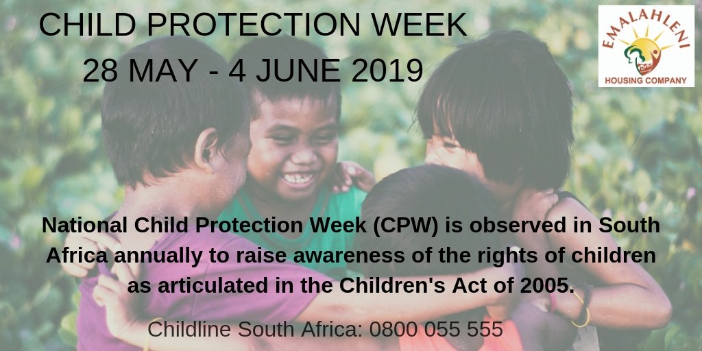 EmalahleniHC's tweet photo. Child Protection Week
  28 May - 4 June 2019
  National Child Protection Week (CPW) is observed in South Africa annually to raise awareness of the rights of children as articulated in the Children's Act of 2005.
  You can also get help at:  Childline South Africa: 0800 055 555 https://t.co/mQ9TCw1CCe