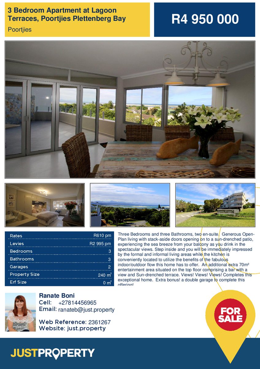 JustpropPlett's tweet photo. 3 Bedroom Apartment for SALE
#Poortijes #JustPropertyPlettenbergBay #RanateB
Contact Ranate for more INFO
OR
See what more we can offer
https://t.co/jJNWPspUW5 https://t.co/dRyTiBrLQF