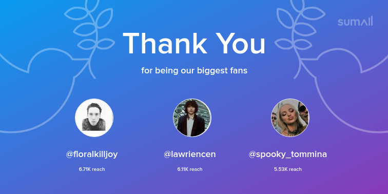 vktkzb's tweet photo. Our biggest fans this week: floralkilljoy, lawriencen, spooky_tommina. Thank you! via https://t.co/eJ6wj7v3Jp https://t.co/KDqBRPQxfh
