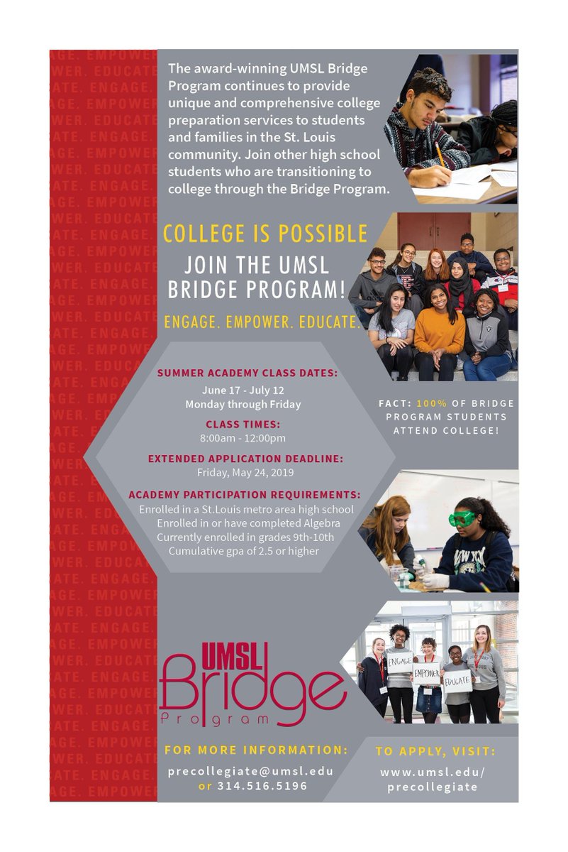 ArtsTodayez's tweet photo. Are you ready for college?  Join the UMSL Bridge Program 2019 Summer Academy - Extended Application Deadline: May  24, 2019 - FREE College Preparatory  Program.  To  apply visit: https://t.co/LIvMonUkLD or  314.516.5196 or email precollegiate@umsl.edu https://t.co/oUZl4MNpcW