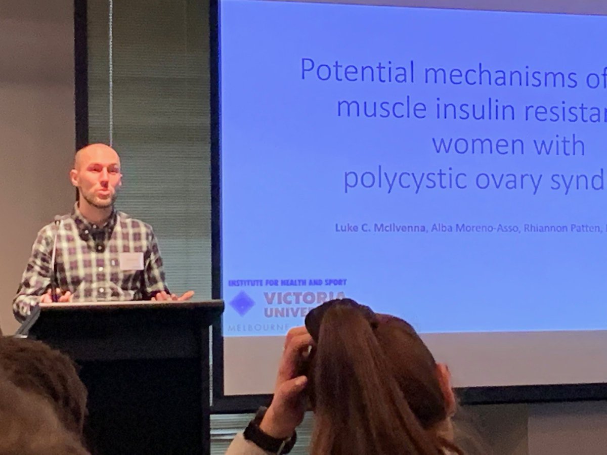 NigelStepto's tweet photo. @iHealthSportVU @LukeMcIlvenna is presenting some of the cell culture work in #PCOS muscle at the #iHeSHDR19. @albut_ and #teamPCOS https://t.co/t84Axu5f6Y