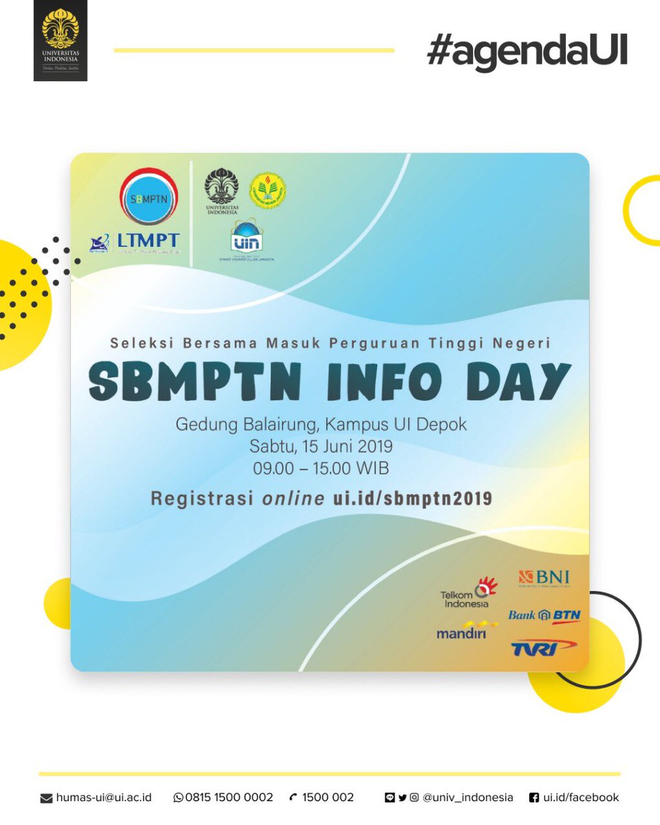 univ_indonesia's tweet photo. Halo Calon Mahasiswa Baru UI!

Masih bingung dgn SBMPTN?  Punya nilai UTBK tapi ga tau hrs bagaimana?
Untuk kamu yg masih bertanya-tanya "Kak Nilai UTBK ada standarnya nggak sih? Kalau mau masuk jurusan A nilai minimumnya berapa sih?" Yuk lgsg aja datang ke SBMPTN Info Day 2019! https://t.co/0HNaZ5R0Nc