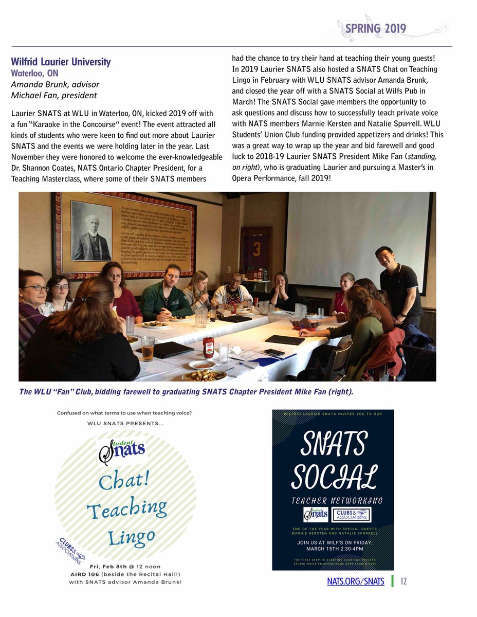 wlusnats's tweet photo. We made it into the #SNATS Spring 2019 newsletter! 2018-2019 was a big year for @wlusnats...we became an official @lauriermusic club! Photo @wilfspub from our SNATS Social Q&amp;A with private voice teachers! #NATS #SNATS #WLUSNATS #VocalPed #VocalHealth https://t.co/VZA6vF2CAm