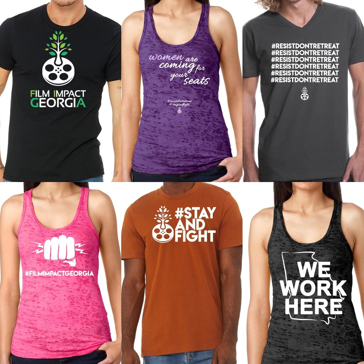 filmimpactga's tweet photo. What is better than supporting a grant for local Georgia filmmakers than purchasing a shirt that takes a stand? How about the fact that they are being made my locally owned FEMALE owned company? #stayandfight #resistdontretreat #FilmImpactGeorgia https://t.co/v39EVt5ZFG https://t.co/DlQJCEKtbh