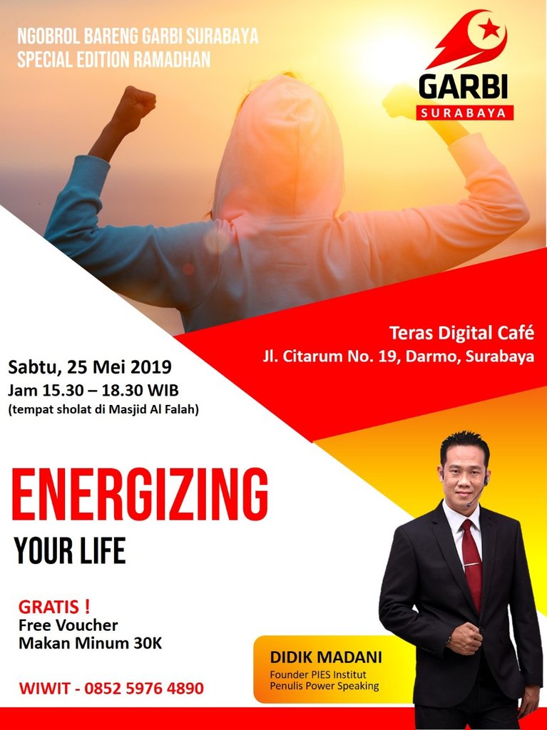 Garbi Surabaya (@garbisurabaya) on Twitter photo Besok Sabtu, kita ngobrol bareng GARBI Surabaya ya gaes n gals, it's FREE ...
Energizing our live with <a href="/DidikMadanis/">Didik Madani PiES</a>
Yuk daftar sekarang ... Besok Sabtu, kita ngobrol bareng GARBI Surabaya ya gaes n gals, it's FREE ...
Energizing our live with <a href="/DidikMadanis/">Didik Madani PiES</a>
Yuk daftar sekarang ...