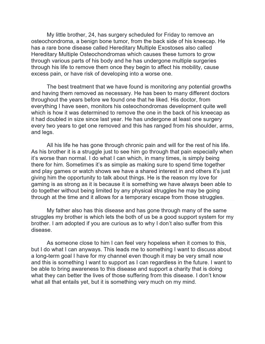 RPGMav's tweet photo. This will be a much longer post than a vast majority of my tweets. TLDR I won’t be streaming Saturday. I do hope everyone takes the time to read it and wishes my brother the best in his upcoming surgery and recovery.

-Mav

#RareDiseases #Exostoses #MHE https://t.co/pfzbQrttcJ