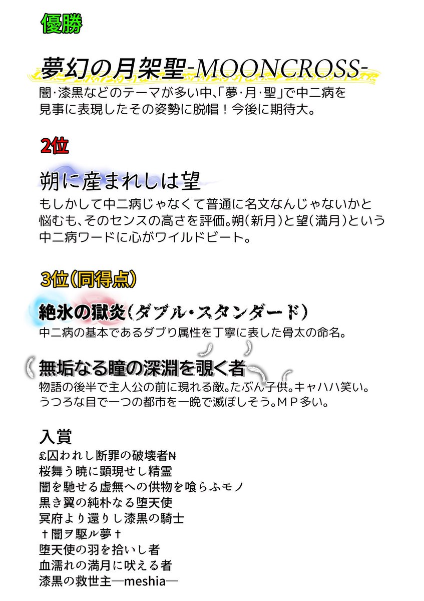 中村朝 Comitia138 M10a 出欠未定 何か描いてる中 小山田部長の声優web投票に投票してくれた人の投票名が中二 病の博覧会みたいになったので せっかくなので誰が一番の中二病ネームだったのかを決めたいと思います Twitter
