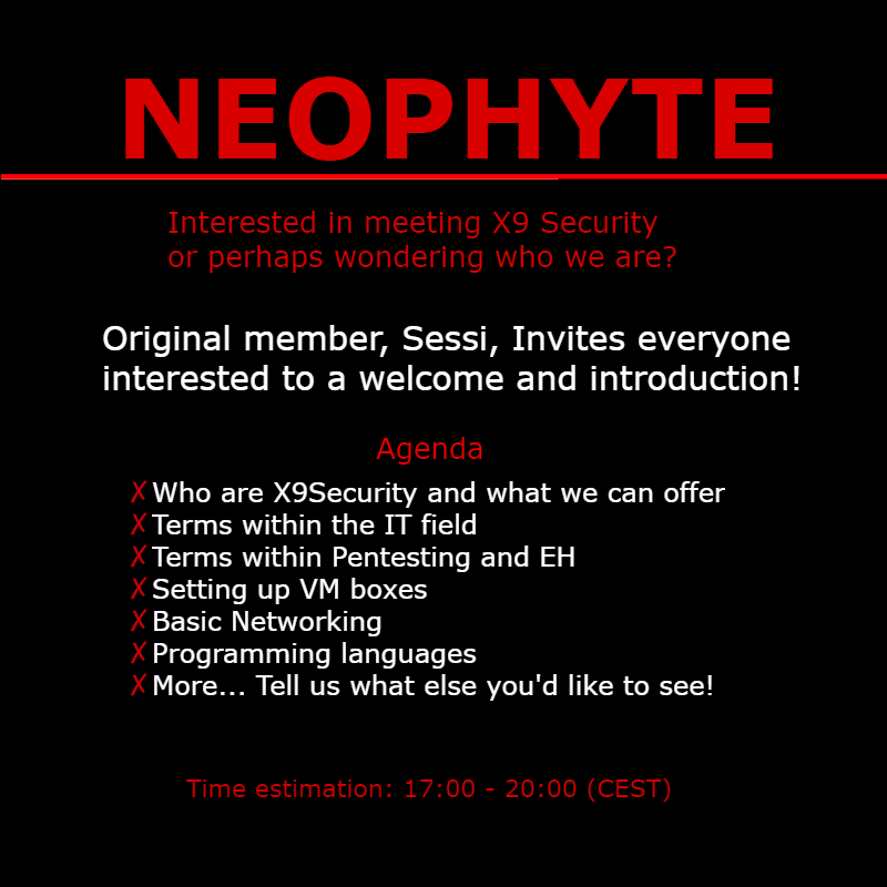 X9Security's tweet photo. Saturday 25th You're invited to a meet n' greet with a warm welcome of the community and introduction to the field! It has a time estimation of 17:00 - 20:00 CEST at our Discord server X9 Security https://t.co/Ma1AUeSyIz
#security #programming #pentesting #IT #EH #VMware #VMbox https://t.co/CaG8k1nw6y