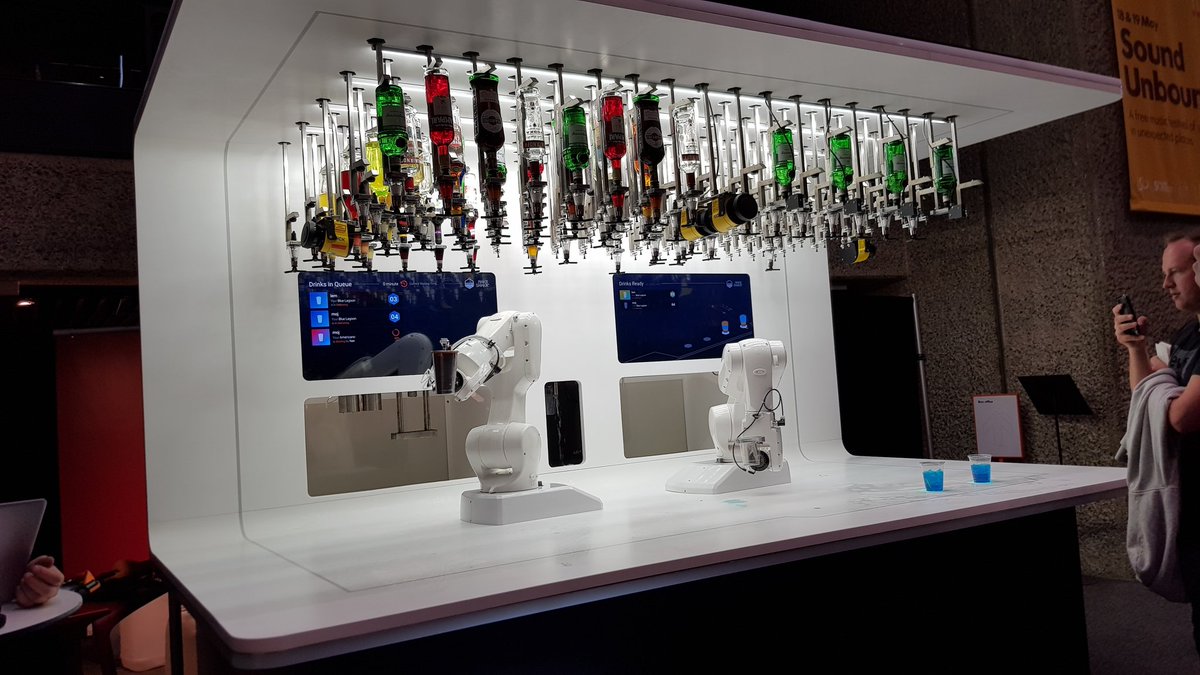 dschmitt423's tweet photo. Another favorite from the "AI: more than human" event at @BarbicanCentre - a #robot bartender. Was a bit messy, and didn't have the cheeky personality of  Arthur from #Passengers but I'd still say #YesPlease. Who else wants one of these in their life? 🙋‍♀️

#STEM #AI #futureisnow https://t.co/JPjNsCHZVu