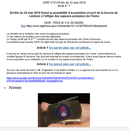 davidsarrazin18's tweet photo. Arrêté 24 mai 2019 fixant la possibilité d’acquisition et de port de la boucle de ceinture à l’effigie des sapeurs-pompiers de l'@Indre36. 

#fake mais vraie commande possible :

https://t.co/vigwwSLSRn

#collector #teamsdis36  #labelrouge https://t.co/AmZO3dNxO8