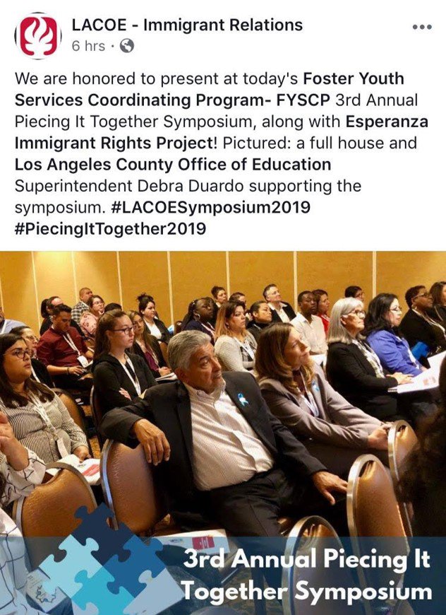 EsperanzaCCLA's tweet photo. Today, we joined forces with the Los Angeles Office of Education, where Heidy Pineda, our Pro Bono Director, presented at the #LACOESymposium2019
 #PiecingItTogether2019 #EsperanzaImmigrantRightsProject https://t.co/bfsRNhyGoP