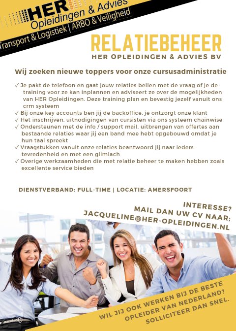 HERopleidingen's tweet photo. #vacature Wil jij werken bij de beste opleider van nederland? Dan zijn wij opzoek naar jou? 
Een #relatiebeheerder m/v die precies weet hoe het werkt. Herken jij jezelf in de activiteiten en ben jij een echte #teamplayer, stuur dan je #cv naar: jacqueline@her-opleidingen.nl. https://t.co/5zHDLynSAo