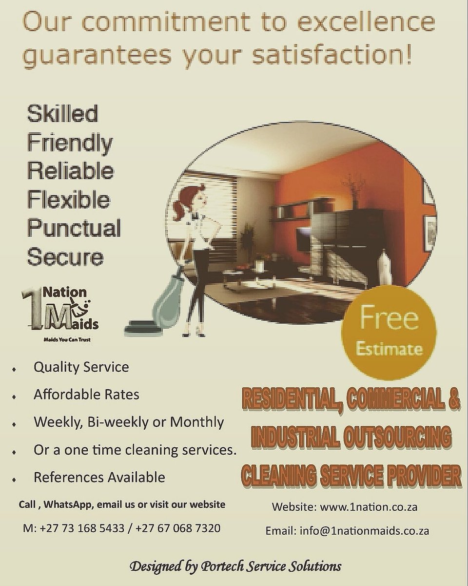 PortechService's tweet image. 1Nation Maids - your residential, commercial and industrial cleaning service provider! Don't Delay, get your free quote contact Lefa @1Nationmaids on 
073 168 5433 or 067 068 7320. This ad was brought to you by portech service solutions!#cleaningroutine #cleans