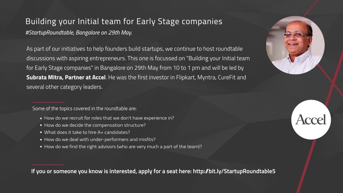 AccelIndia's tweet image. Aspiring founders, discover what it takes to build a strong initial team and make good hiring decisions from @subratamitra at our next #StartupRoundtable &quot;Building Your Initial Team for Early Stage Companies.&quot; 29th May, B&apos;lore. 

Sign up here --&amp;gt; bit.ly/StartupRoundta…