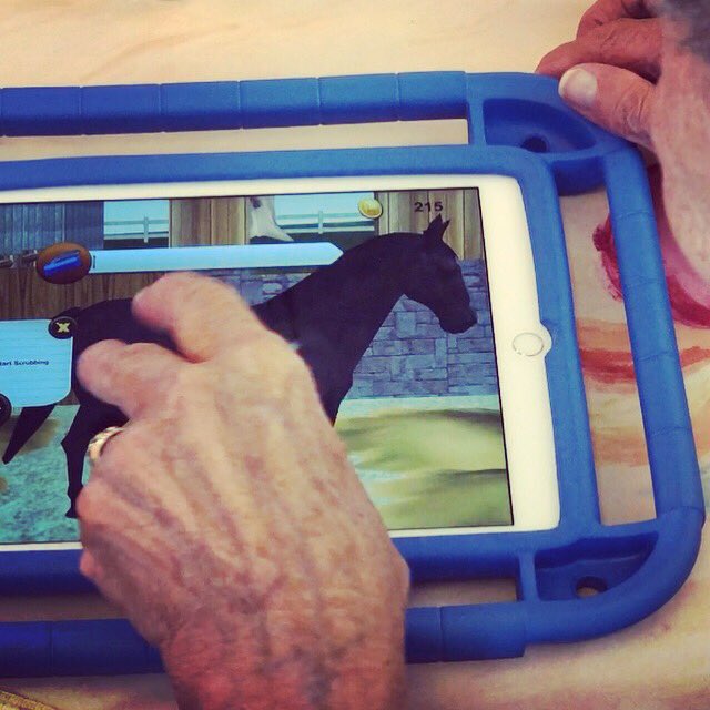DigiAsialla's tweet photo. Hevosenhoitoa tabletilla ja se onnistuu, vaikka omat voimat olisi jo vähentyneet 🐴 
#VanhustyönTrainee’n nuoret pelasivat tablettipelejä seniorien kanssa. Pelaamisen lomassa he keskustelivat elämästä 🙏🏼 Taisivat kaikki jälleen oppia jotain uutta ja merkittävää. #digitrainee https://t.co/BPU2VBl9Pn