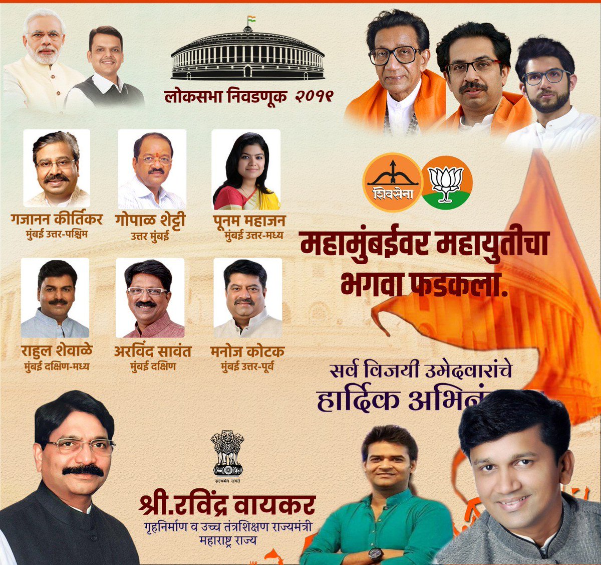 Heartiest Congratulations to all winning candidates of @ShivSena - @BJP4India  & best wishes for the future. - Minister of State @RavindraWaikar

#LoksabhaElections2019 #MumbaiNorthWest #Elections2019
@AUThackeray 
@vishalparab16