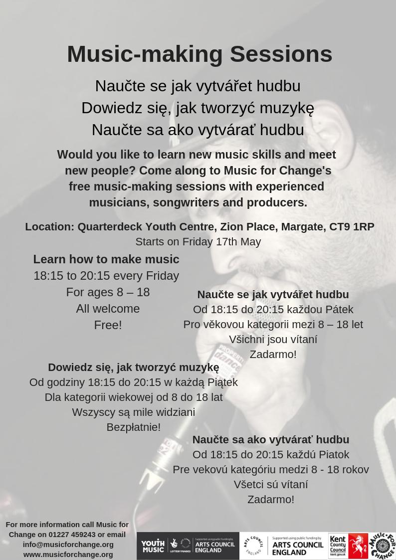 music4changeuk's tweet photo. Would you like to learn new music skills and meet new people? Come along to Music for Change's free music-making sessions with experienced musicians, songwriters and producers. For ages 8-18. All welcome. Free! 

#Margate #Cliftonville #Margatemusic https://t.co/TJAEkVgF1S