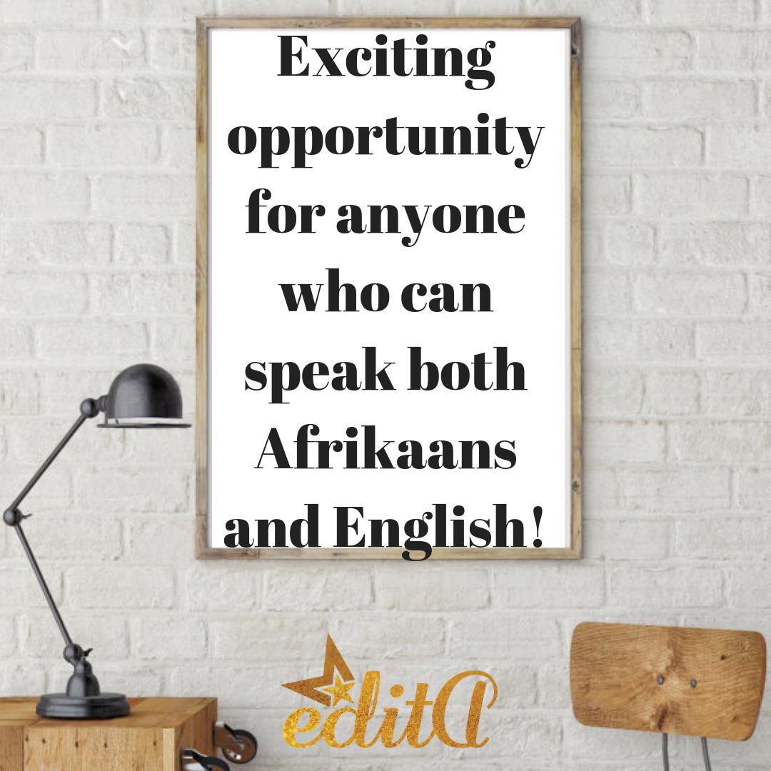 EditA's partner, <a href="/CeceliaMmj/">@MMJlanguages</a>, is looking for interpreters. Contact us if:                
1. You can speak both Afrikaans &amp; English
2. You are interested in becoming an interpreter
3. You can attend a 2-day training

No previous experience needed. Rates are R300 p/h &amp; R3,50 p/km.