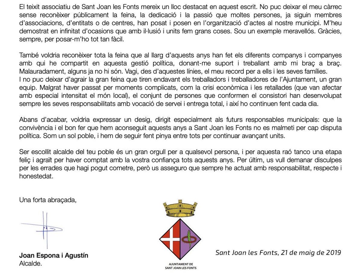 joanespona's tweet photo. Amb aquesta carta poso punt i final a la meva trajectòria com a alcalde de Sant Joan les Fonts. 

Fa 24 anys vaig entrar al consistori amb l'objectiu de treballar la convivència al municipi.
M'agradaria que aquest valor tan preuat es segueixi cultivant dia a dia. https://t.co/ozQZmx0TKq
