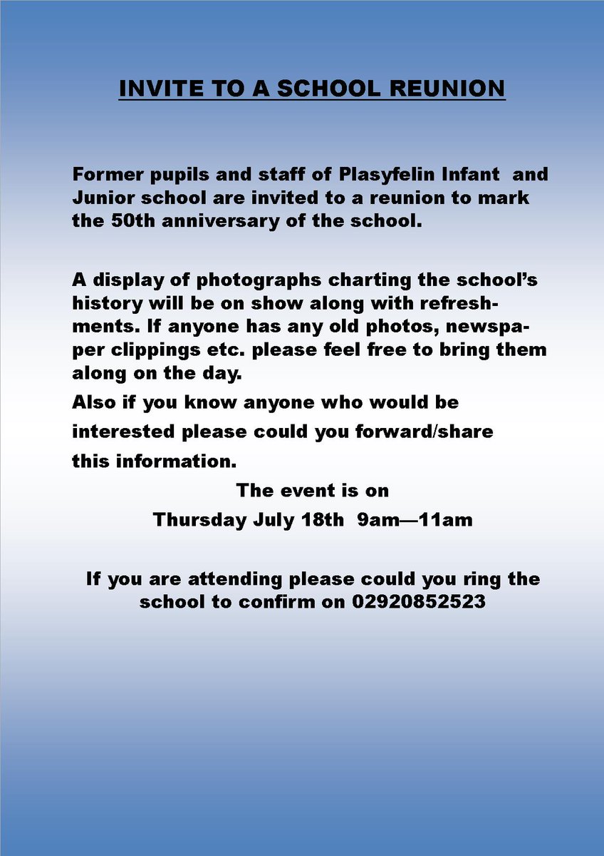 Plasyfelin's tweet photo. Plasyfelin Primary is celebrating it's 50th anniversary!!! To commemorate this occasion, we are holding a big party for everyone associated with the school to come and join in the fun. Please see below for more details #plap50 https://t.co/N6DMUhAI2z