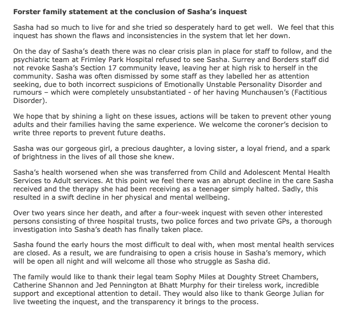 SashaInquest's tweet photo. Family statement from @CllrSteveF and @AFjustamum attached in full. Press release via @INQUEST_ORG here includes comment from @DebatINQUEST and Catherine Shannon https://t.co/GatAB8tnvx 

Donations for a crisis house in Sasha’s memory are welcome here https://t.co/2eHipkfz6N https://t.co/xdkK0Ab1p3