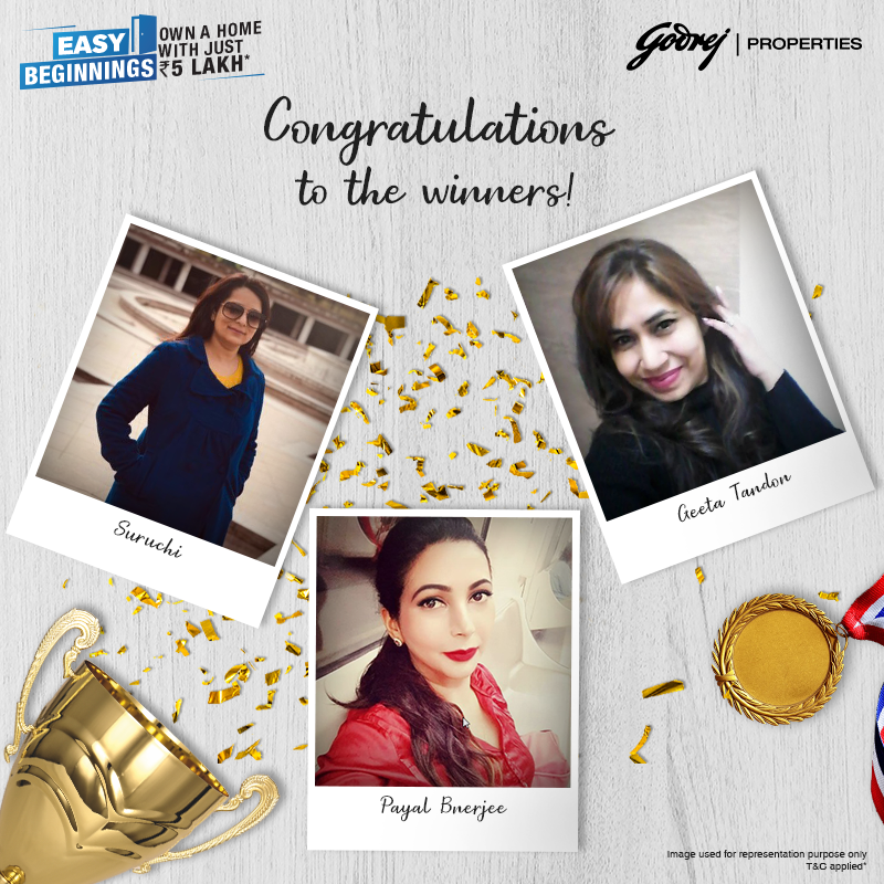 GodrejProp's tweet photo. Congratulations to @Suruchi0603, Geeta Tandon and Payal Bnerjee on participating and thank your friends who ensure you always have #EasyBeginnings.
DM your details to claim the prize.
#GodrejProperties #WinnerAnnouncement https://t.co/nv8btmEIjR
