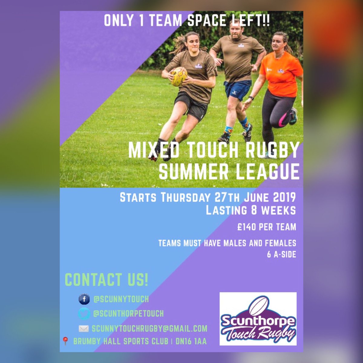 We’re looking for 1 more team to complete our Summer League, interested in getting some friends together? Let us know! #ScunthorpeTouch #TouchRugby #Northlincs #ScunthorpeIsGreat