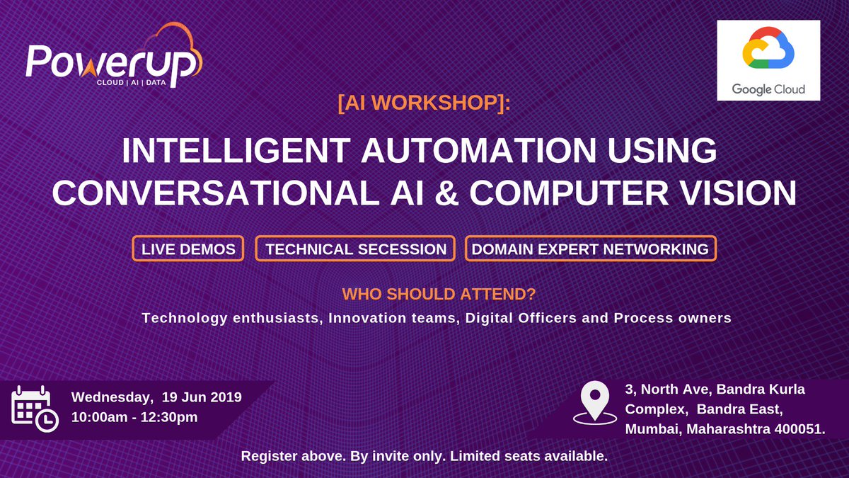 Powerupcloud's tweet photo. Register here: https://t.co/KjF9Tnzl7E
@Powerupcloud 's AI practitioners and @GCPcloud invite you to an AI WORKSHOP - INTELLIGENT AUTOMATION USING CONVERSATIONAL AI AND COMPUTER VISION.
#powerup #wellengineered #GCP #business #workshop #intelligentautomation #AI #ComputerVision https://t.co/Ogyh6vHiNg