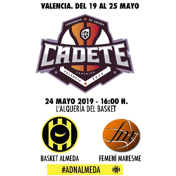 ASRBasketAlmeda's tweet photo. Buenos días!! Llegan las semifinales de este #FEBCadeteF2019 y en juego conseguir ser protagonistas de la gran final!!
🏆 #FEBCadeteF2019
🏀 @FemeniMaresme - #CF1ALM
⌚️ 16:00h.
📊 https://t.co/C46kvrVDVc
🖥 https://t.co/yGx8HQyQPo
#adnAlmeda #fiebreamarilla https://t.co/goTL0JkSYa