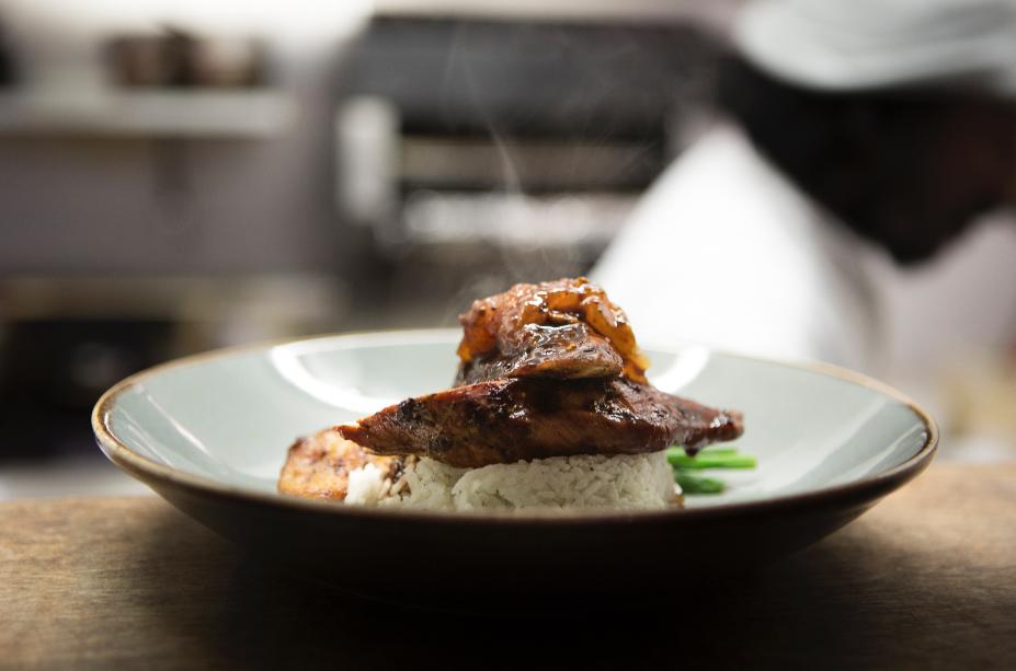 Jamaican #JerkChicken. Fresh chicken breast #marinated in #Jamaican herbs, spices and soy sauce, then oven roasted to finish, served with coconut steamed rice, #FriedPlantain and pineapple #chutney.