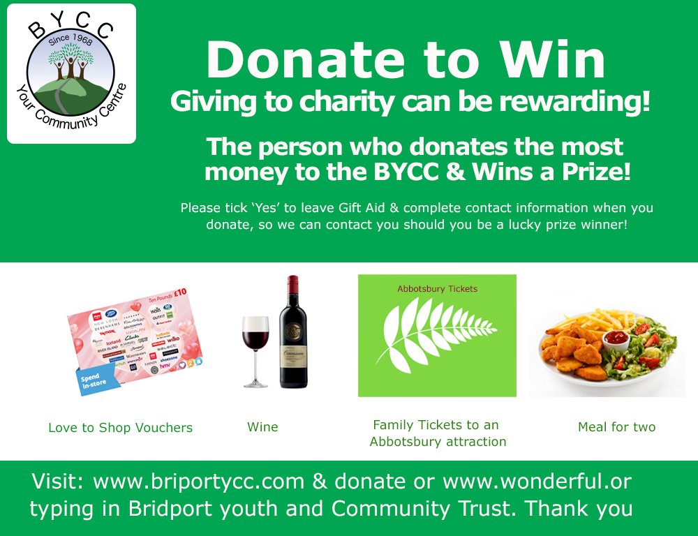 Donate to Win Prizes! Support the Bridport Youth and Community Cenrtre by and donate @ bridportycc.com. The person who donates the most wins a prize! There are lots of prizes up for grabs. Giving has never been so rewarding!
