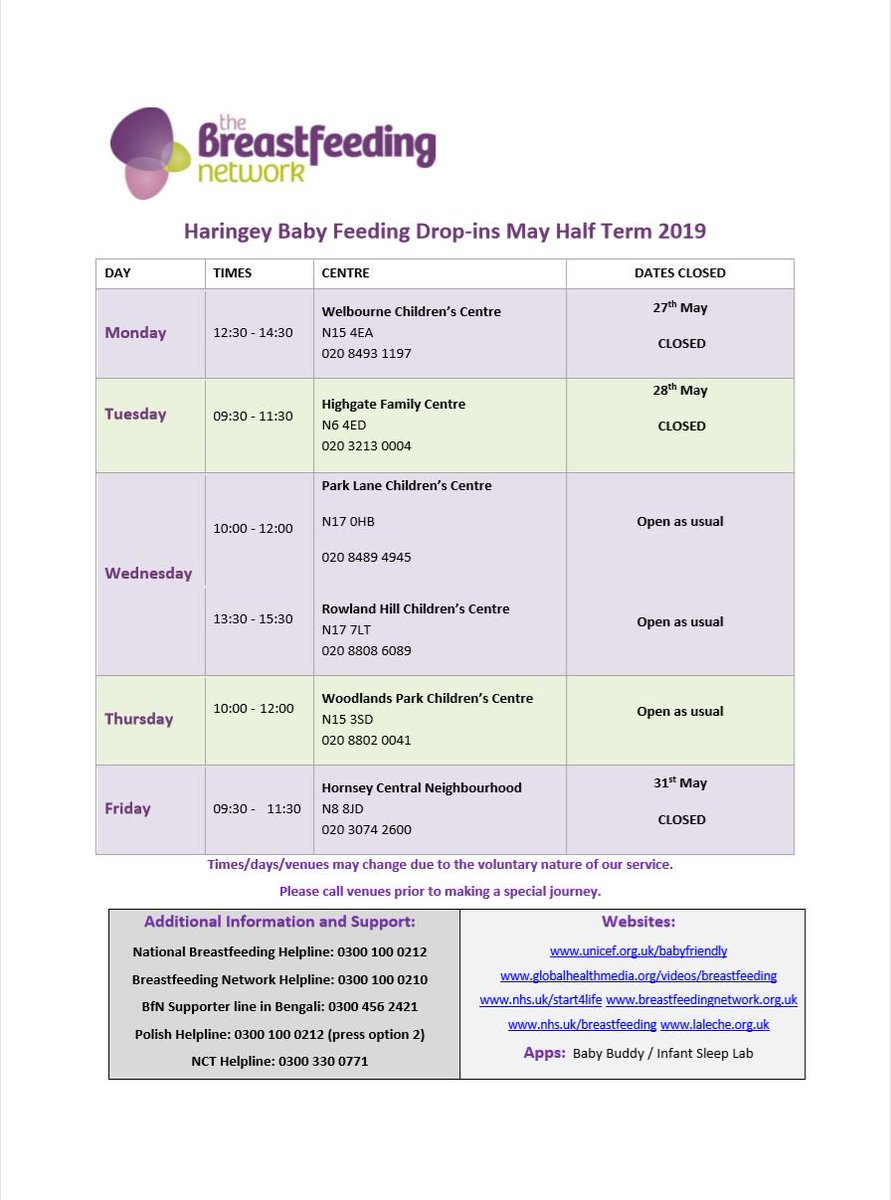 With half-term next week there are a few changes to the schedule for local breastfeeding drop-in sessions. Here's the temporary timetable.