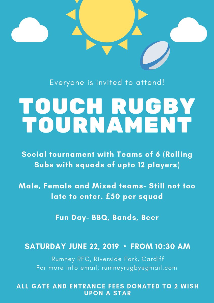 rumney_rfc's tweet photo. Any local teams or companies fancy this social touch tournament?
All in aid of the amazing @2wishupon charity on Saturday 22nd June. Enter here: https://t.co/hXdEVuInsE Please share https://t.co/g3A38AmtRS