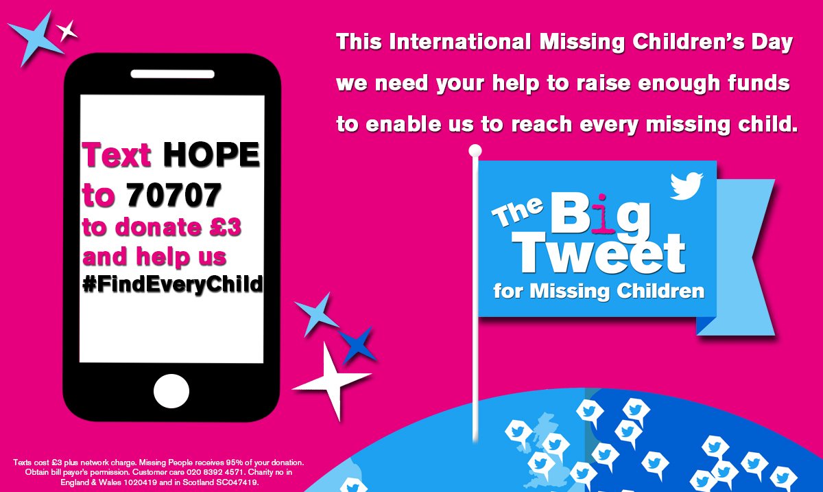 missingpeople's tweet photo. Every missing child is vulnerable. Every child deserves to get home safe. If you agree, text HOPE to 70707 to donate £5 #FindEveryChild T&amp;C's here >> https://t.co/9u51dH7C23 https://t.co/j66YWooW5Q