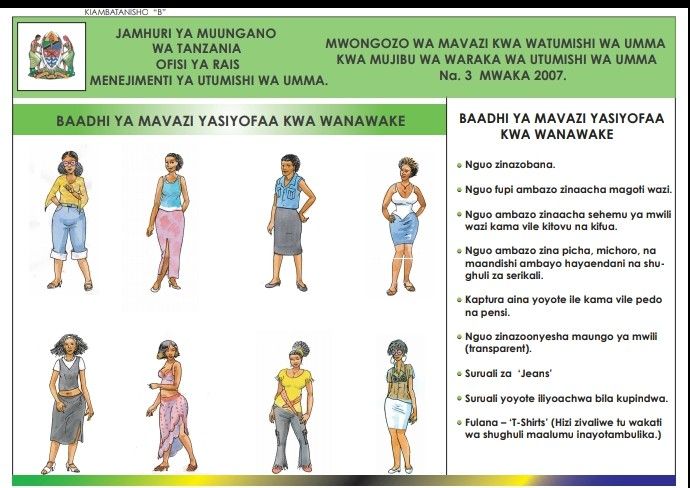 Ndugu Elisha (@kongwastone) on Twitter photo Mwongozo wa Mavazi kwa Watumishi wa Umma-
MAVAZI YA MWANAMKE.
Nampongeza mhe. <a href="/SuluhuSamia/">Samia Suluhu</a> kuwa mfano kwa watumishi wa umma katika kuzingatia mwongozo wa mavazi nk.
Pia mhe.@umwalimu na baadhi ya wabunge wa <a href="/bunge_tz/">Bunge la Tanzania</a> ๐
Bofya link kusoma mwongozo > utumishi.go.tz/index.php/en/pโฆ Mwongozo wa Mavazi kwa Watumishi wa Umma-
MAVAZI YA MWANAMKE.
Nampongeza mhe. <a href="/SuluhuSamia/">Samia Suluhu</a> kuwa mfano kwa watumishi wa umma katika kuzingatia mwongozo wa mavazi nk.
Pia mhe.@umwalimu na baadhi ya wabunge wa <a href="/bunge_tz/">Bunge la Tanzania</a> ๐
Bofya link kusoma mwongozo > utumishi.go.tz/index.php/en/pโฆ