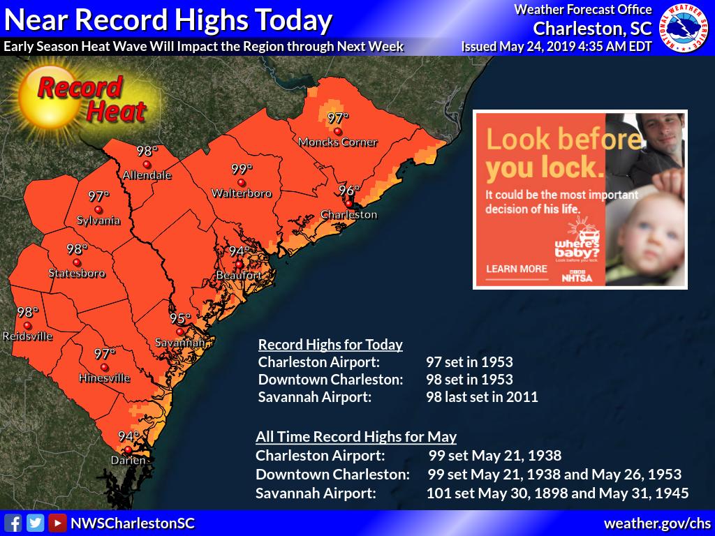 Today will be the first day of a long duration heat wave. Highs today will reach near record levels with heat indices 100-103 most areas. Take precautions. Remember to check the backseat for baby and pets before your lock! #chswx #savwx #gawx #scwx
