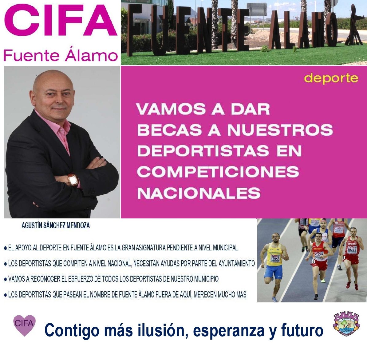 EN CIFA FUENTE ÁLAMO CREEMOS EN NUESTRA GENTE

Queremos ayudar a quienes representan a nuestro municipio en el plano del deporte, y llevan el nombre de Fuente Álamo fuera de nuestras fronteras, ya sea a nivel nacional o internacional.

💜 Contigo más ilusión, esperanza y futuro