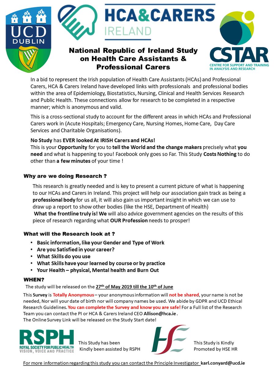HSE_HR's tweet photo. HSE HR are delighted to be involved in research into Health Care Assistants and Professional Carers who are a vital part of delivering the best care to our patients
#yourvoicematters 
#UCD #RSPH  #HealthCareAssistants #Carers
#engaginghealthstaff #Sláintecare https://t.co/CTLgRblNzs