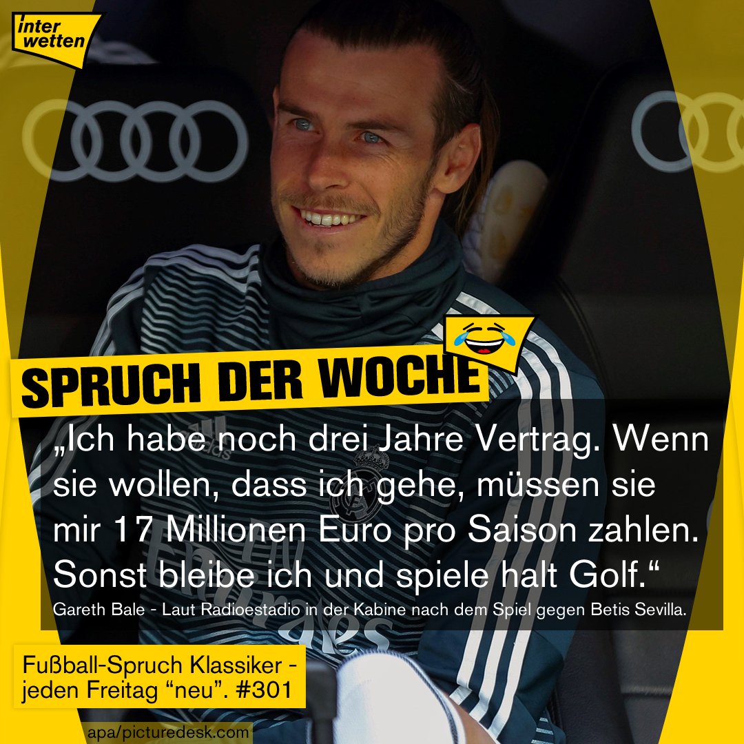 Interwetten_com's tweet photo. #FSKdW #301: "Ich habe noch 3 Jahre Vertrag. Wenn sie wollen, dass ich gehe, müssen sie mir 17 Mio. Euro pro Saison zahlen. Sonst bleibe ich und spiele halt Golf."
Gareth #Bale - Laut Radioestadio in der Kabine nach dem Spiel gegen Betis Sevilla. #SpruchderWoche #Interwetten https://t.co/zcFFza2eww