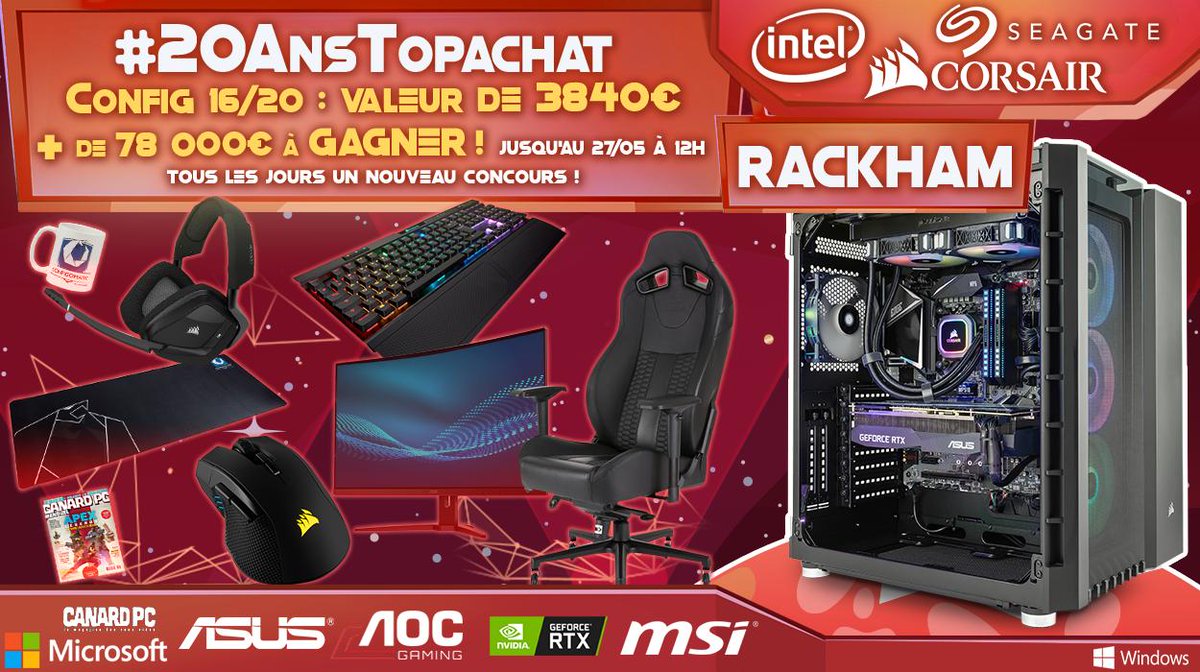 🎁 Concours 🎁 #20AnsTopAchat
+78 000€ de lots à gagner ! 

On termine la semaine avec la #Config16 de 3840 € !

Pour participer #RT + Follow 

Retrouve la #Config16 RACKHAM ici : topachat.com/pages/detail2_…
(Et il y a bien les périphériques à gagner aussi :D)