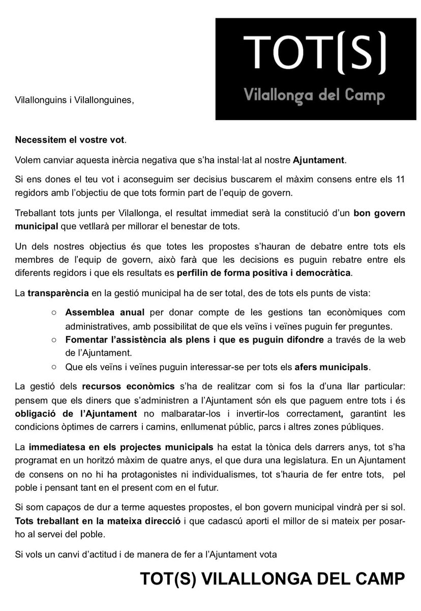 totsvilallonga's tweet photo. VOTA TOT(S)!! VOTA’NS!!            ➡️➡️ https://t.co/rASn7KFhsB #votaTotsViallongaDelCamp #VilallongaDelCamp #TOTSVilallonga #nomésvilallonga #eleccionsmunicipals2019 #municialscat #municipals2019 #municipals19 #26m #26maig https://t.co/8OlWwcLKmv