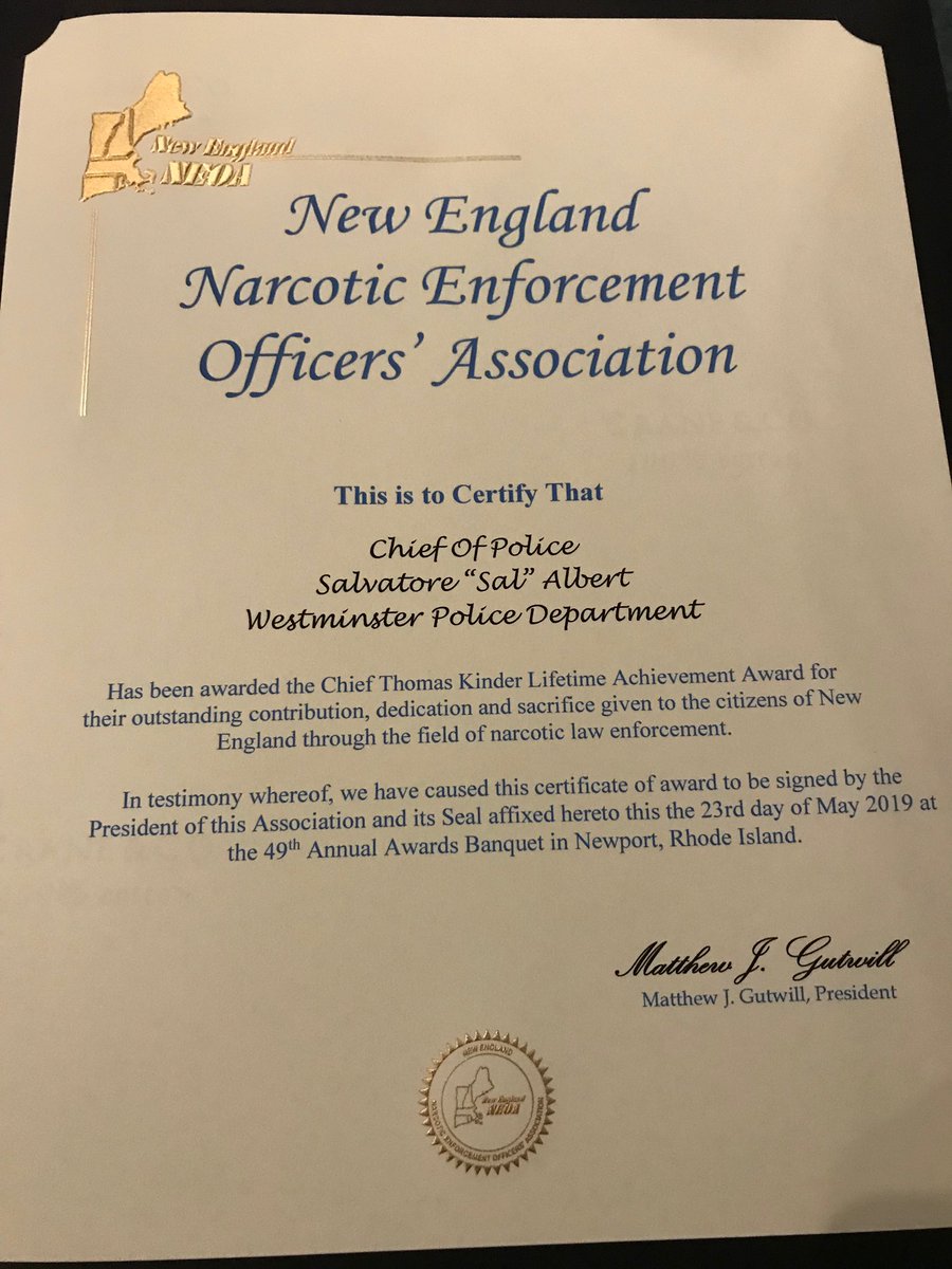 WestminsterPDMA's tweet photo. Congratulations to Chief Albert(retired) for receiving the Chief Thomas Kinder lifetime achievement award from the New England Narcotic Enforcement Officers' Association!!  #westminsterMAPD @cmcopa @MCOPALegal https://t.co/58MVJYmkHT