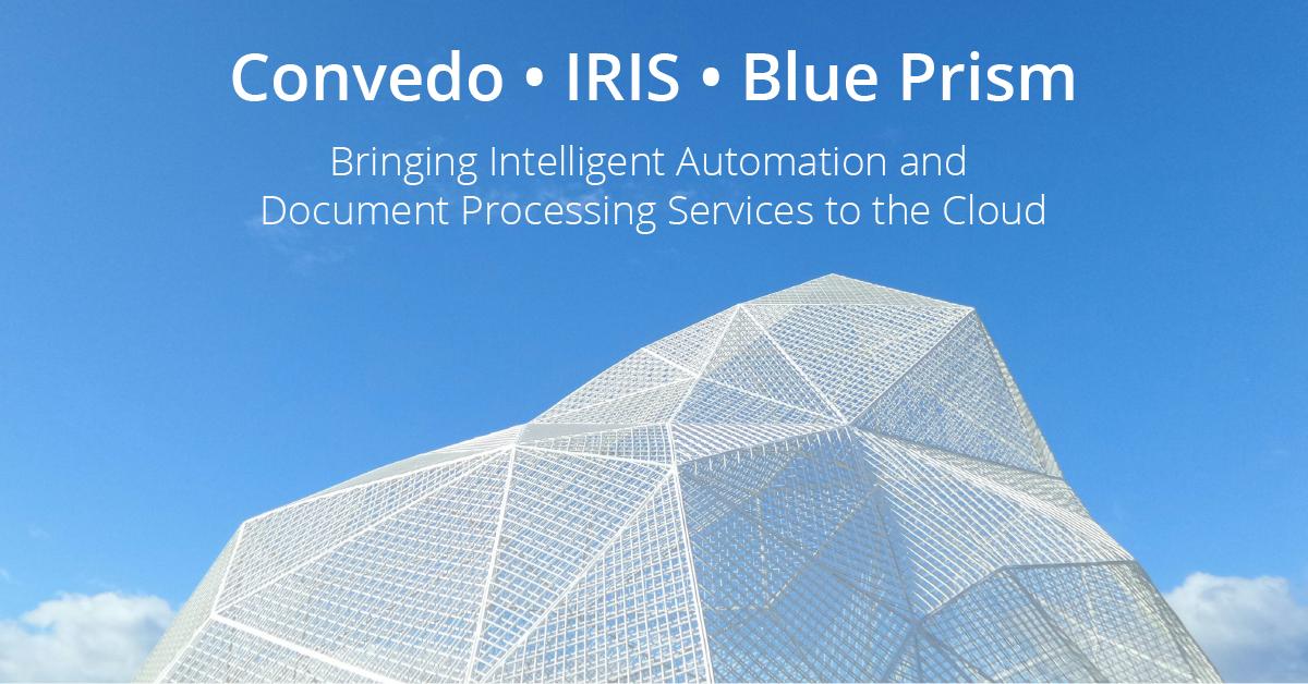 IRISDataCapture's tweet image. Together with IRIS and @blue_prism, @convedo is bringing #IntelligentAutomation and #DocumentProcessingServices to the #Cloud with its Intelligent Capture Cloud Solution. Check it out now! irisdatacapture.com/cdcs-news/