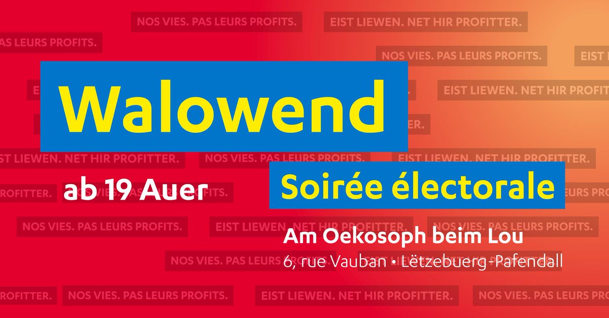 🗓️ Este #26M seguiremos el recuento electoral junto a las compañeras de @dei_lenk en Oekosoph (6, rue Vauban, #Luxemburgo) 🗳️

🇱🇺 #El26MvotaIU y ven a conocer los resultados de las #EleccionesEuropeas, #EleccionesAutonómicas y #EleccionesMunicipales 🇪🇺
facebook.com/events/8233333…