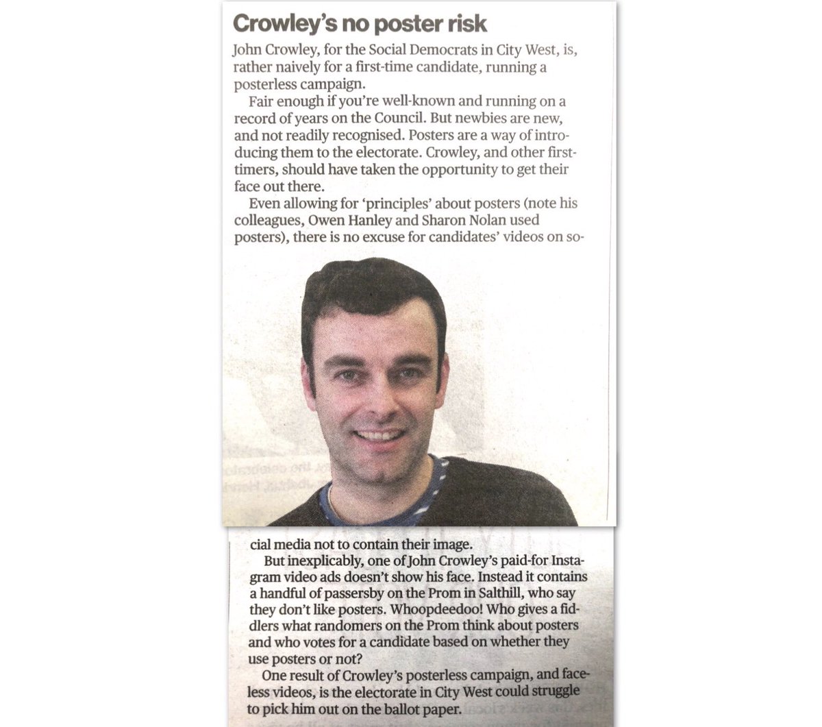 GalwayJohnC's tweet photo. Thanks Dara Bradley for the mention in today’s Galway City Tribune.
I ‘give a fiddlers’ about the thoughts of my community.
That’s why I’m running.
#LE19 #PosterFreePolitics https://t.co/HNv4VH2bSh