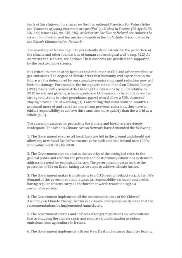future_ireland's tweet photo. Scientists For Future Ireland letter in full, now at over 50 signatures including academics and scientific experts from the field of climate science, climate policy, public health, biodiversity, eco-systems &amp; other areas, demonstrating reach of climate &amp; ecological issues' impact https://t.co/JPxr1rtAte
